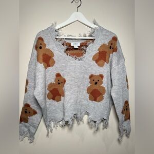 Just Polly Teddy Bear Distressed Knit Sweater Size Small